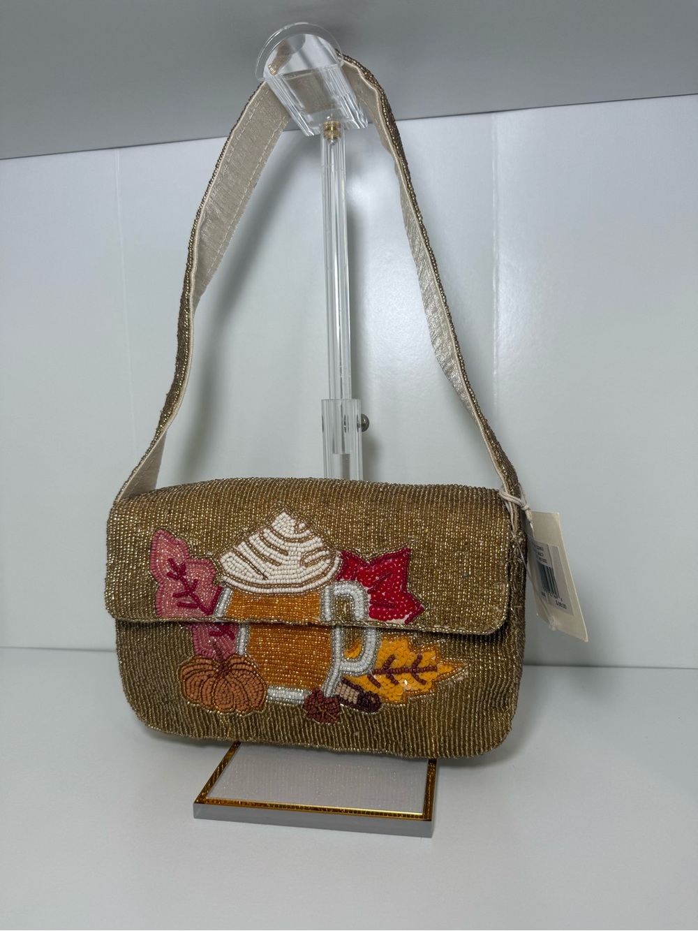 Beaded Autumn Motif Shoulder Bag in Gold
